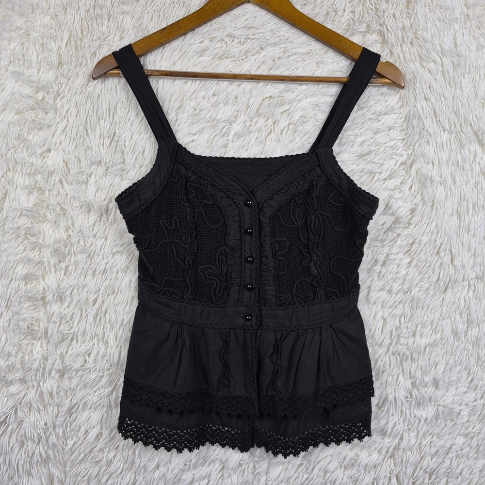 Tessori Black Cotton Crochet Lace Tiered Button Front Cami Top Med Boho Renfaire